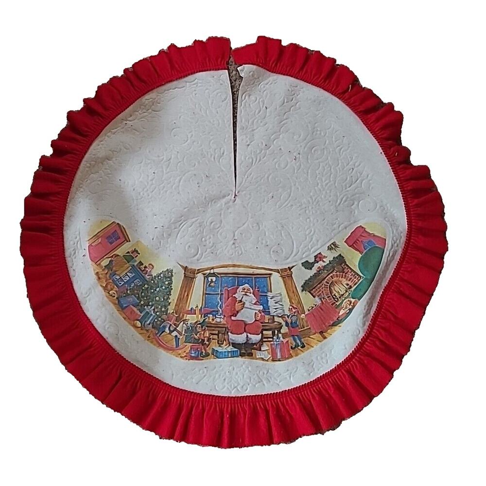 Vintage Holiday Christmas Santa Claus‎ Best in Workshop Embossed Felt Tree Skirt